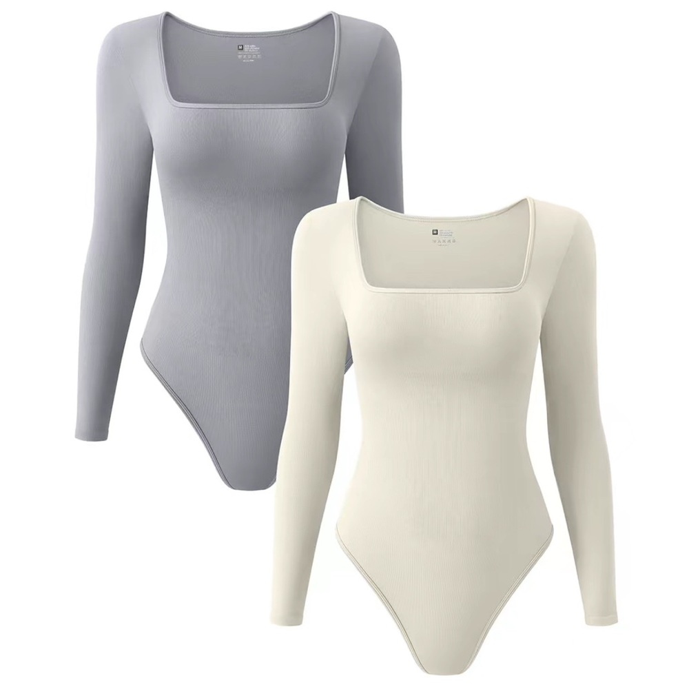 OQQ Long Sleeve Bodysuit - Gray and Cream (NEW)